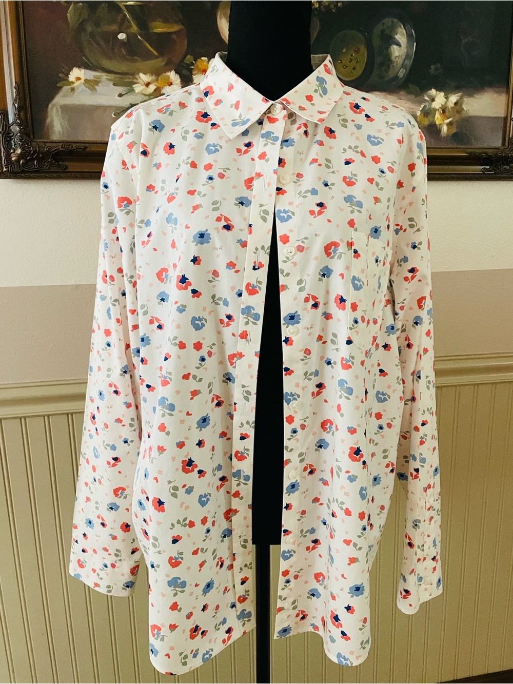 L.L. Bean Wrinkle Free White Button-Down Shirt with Pink & Blue Floral Print - Picture 2 of 15
